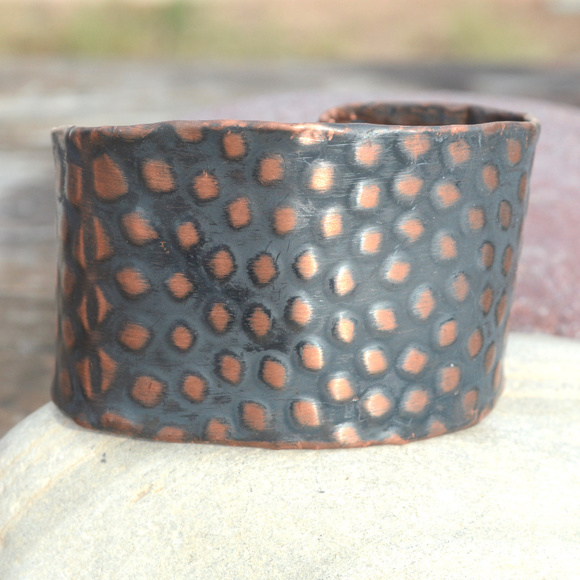 Conceptual Subculture Jewelry - Embossed Copper Snake Skin Wide Cuff Bracelet Boho Snakeskin